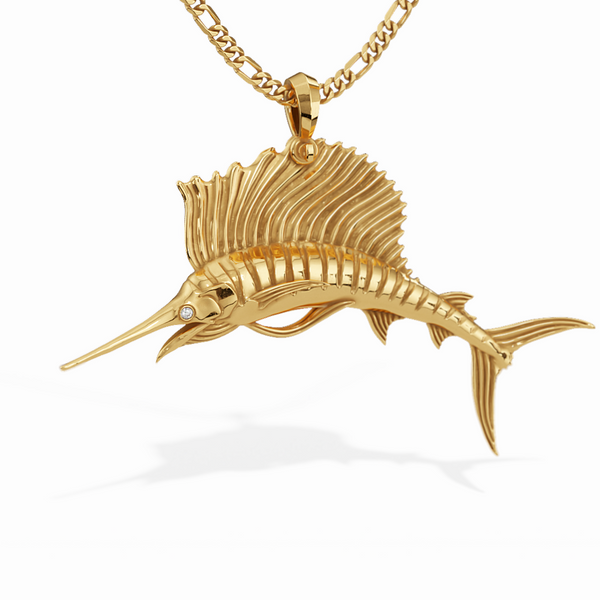 Exquisite 3D Sailfish Pendant with Fin Unfurled and Diamond Eyes | 14k Gold