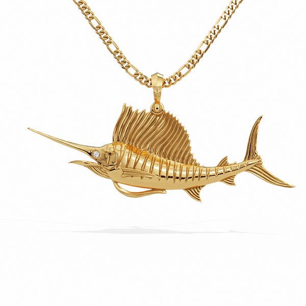 Exquisite 3D Sailfish Pendant with Upward Pose and Diamond Eyes | 14k Gold