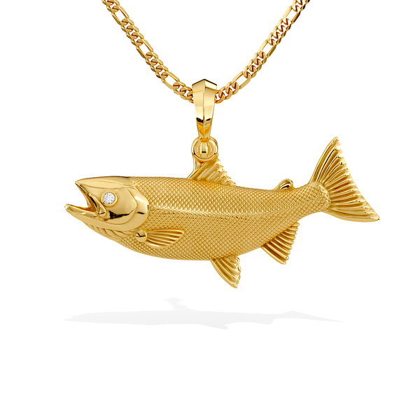 Exquisite 3D Salmon Fish Pendant with Diamond Eyes | 14k Gold