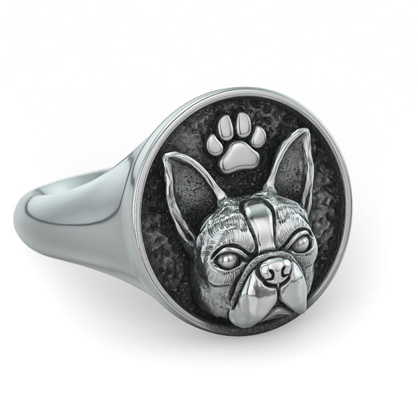 Boston Terrier Classic Round Signet Ring with Paw Print
