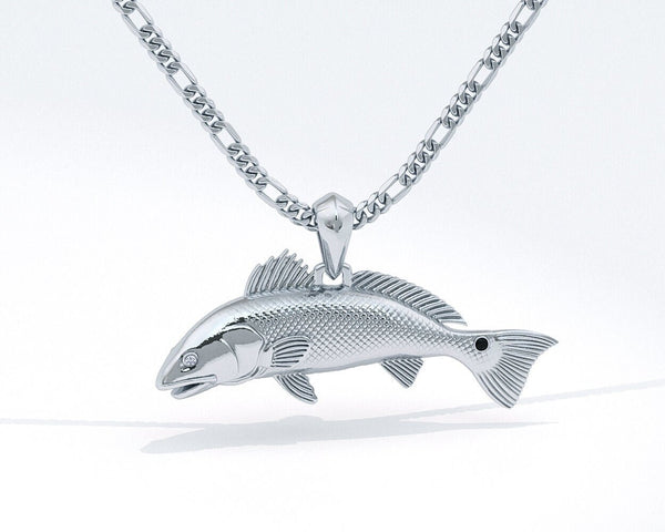 Sterling Silver Redfish 3D Pendant with Genuine Diamond Eyes and Black Diamonds in tail