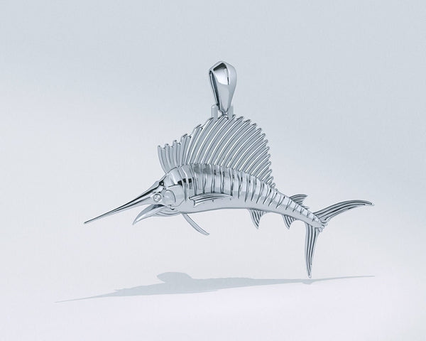 Exquisite 3D Sailfish Pendant with Diamond Eyes | Sterling Silver