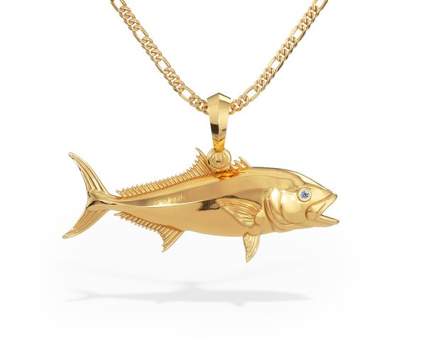 Exquisite 3D Amberjack Fish Pendant with Diamond Eyes | 14k Gold