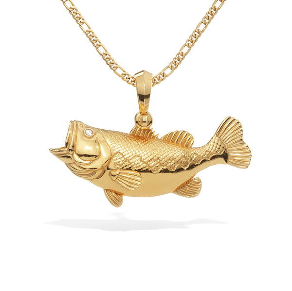 3D Large Mouth Bass Pendant with Diamond Eyes | 14k Gold
