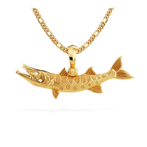 Exquisite 3D Barracuda Fish Pendant with Diamond Eyes | 14k Gold