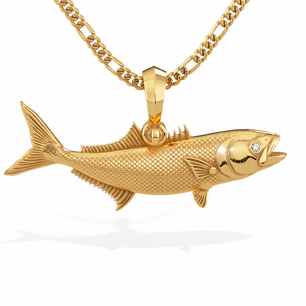 3D Bluefish Pendant with Diamond Eyes | 14k Gold