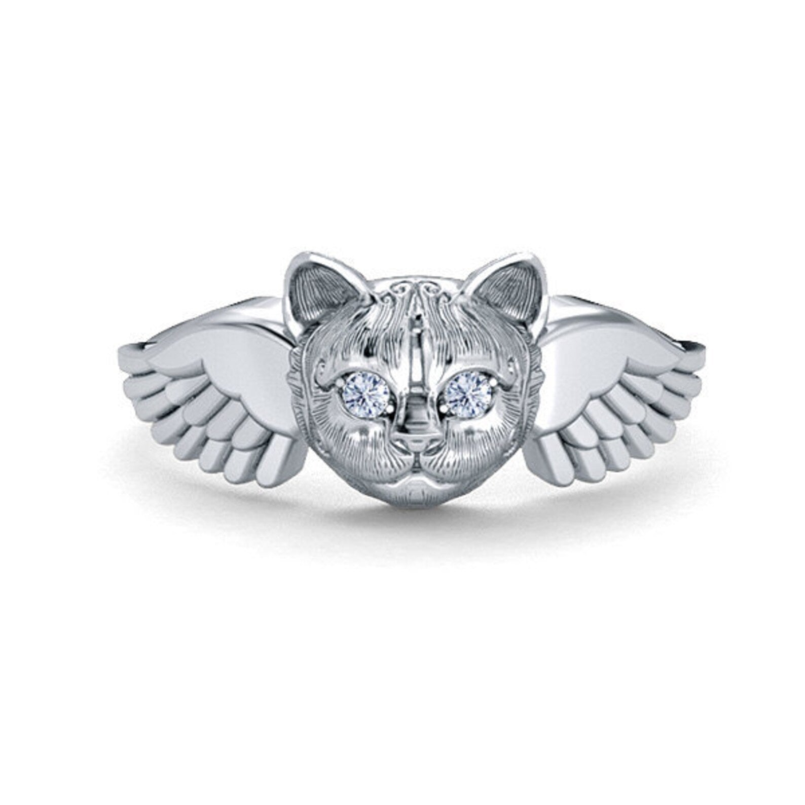 Diamond Kitty Cat Memorial Angel Wings Ring