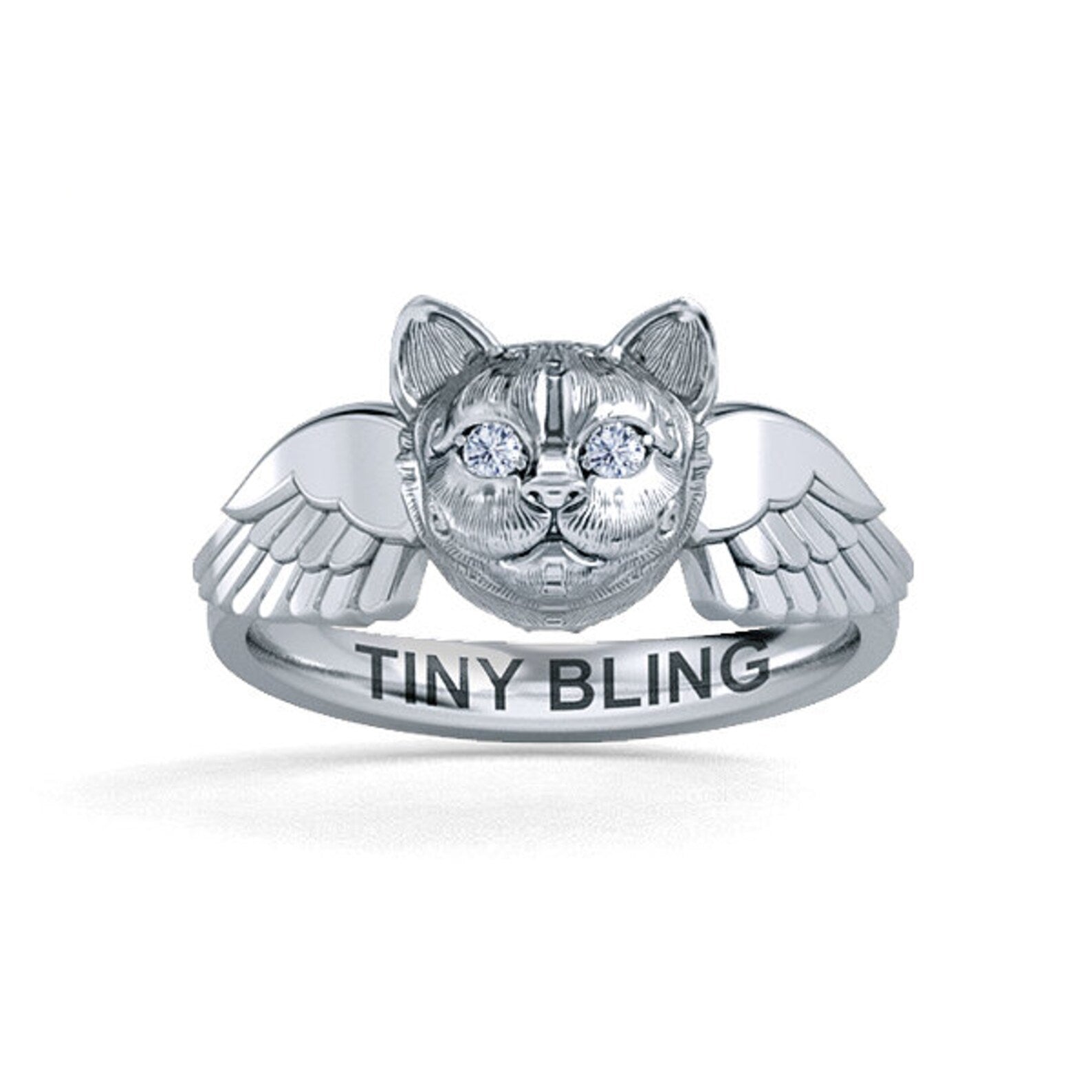 Diamond Kitty Cat Memorial Angel Wings Ring
