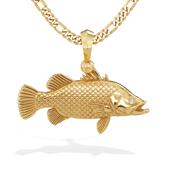3D Barramundi Fish Pendant with Diamond Eyes | 14k Gold