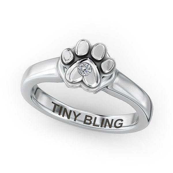 Paw Print Diamond Solitaire Love Ring - TINY BLING