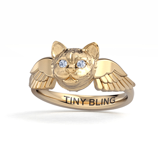 Diamond Kitty Cat Memorial Angel Wings Ring