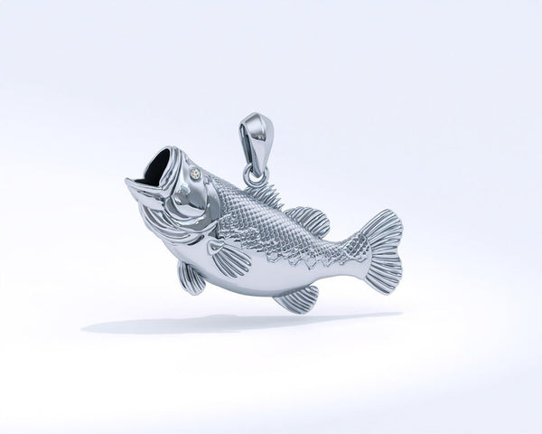 Sterling Silver Largemouth Bass Pendant with Genuine Diamond Eyes designed by TinyBling