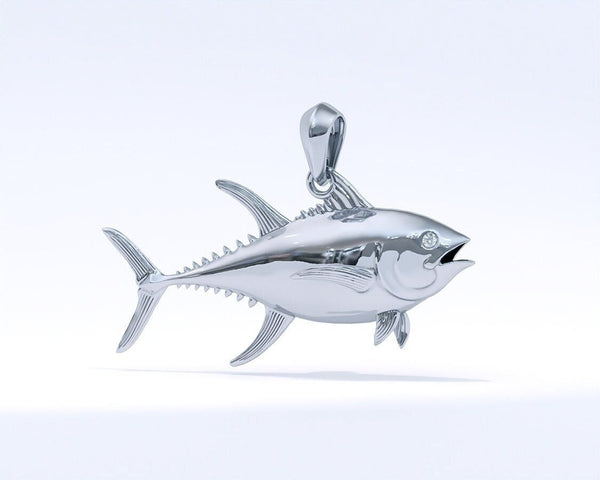 Sterling Silver Yellowfin Tuna Pendant with Genuine Diamond Eyes designed by TinyBling