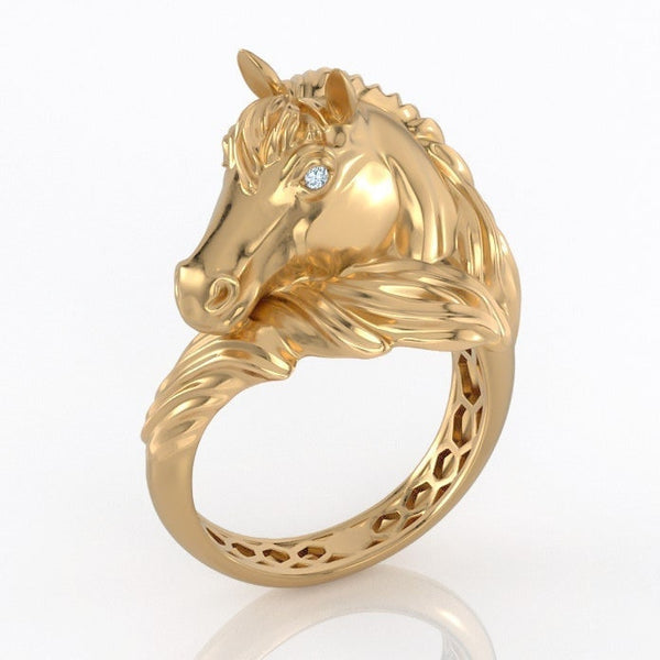 Thoroughbred Horse Diamond Statement Ring | Handcrafted Equestrian Jewelry in Sterling Silver, Gold, or Platinum